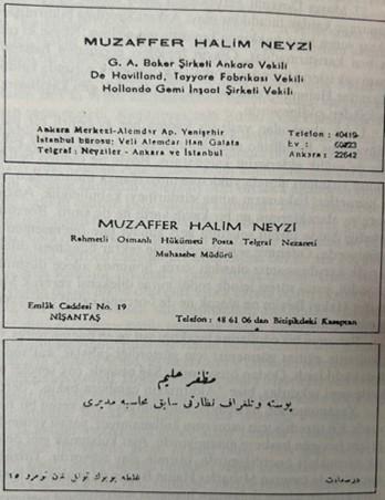 Muzaffer Halim Neyzi's business visiting cards from the 1930s showing his various international partnerships